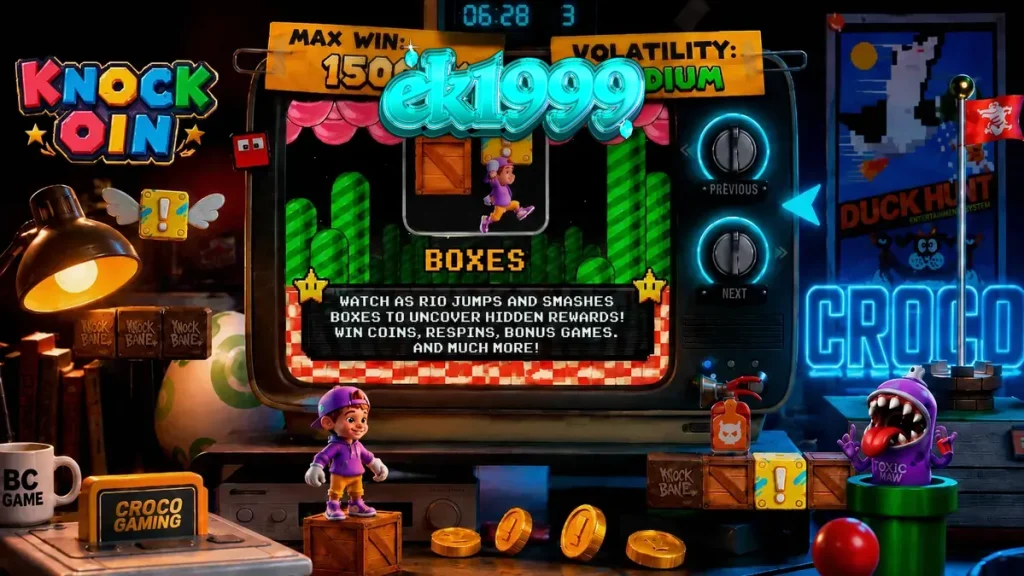 Tampilan visual retro 8-bit dari slot KNOCKOIN dengan karakter Rio di lingkungan platformer.