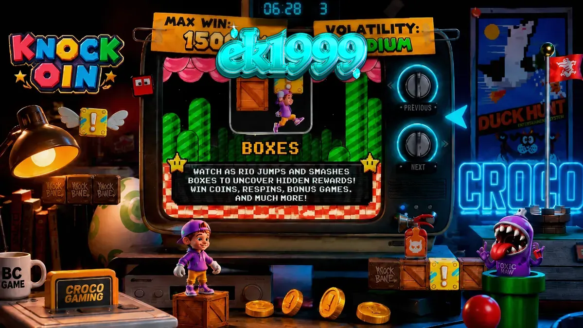 Tampilan visual retro 8-bit dari slot KNOCKOIN dengan karakter Rio di lingkungan platformer.