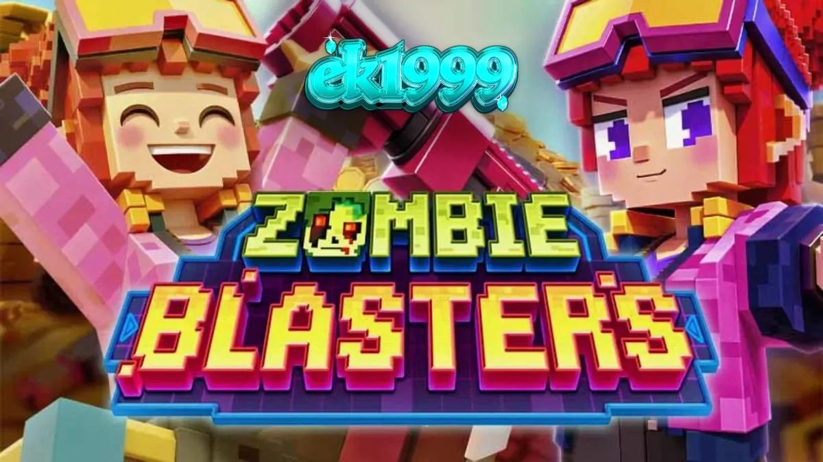 Tampilan layar permainan slot Zombie Blasters dengan elemen visual retro dan simbol aksi.